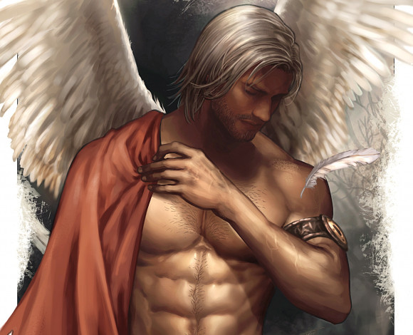 Обои картинки фото фэнтези, ангелы, торс, белые, волосы, фантастика, крылья, ангел, мужчина