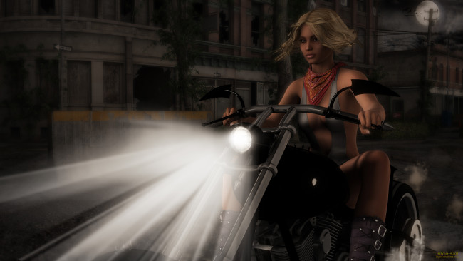 Обои картинки фото мотоциклы, 3d, девушка, взгляд, фон, мотоцикл, фара, свет