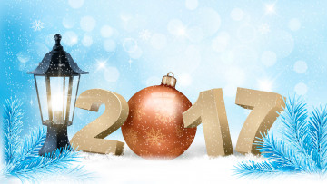 обоя праздничные, векторная графика , новый год, дата, новый, 2017, год, хвоя, вектор, снег, фон, праздник, снегопад, зима, ёлочная, снежинки, шарик, голубой, игрушка, цифры, еловые, ветки, фонарь