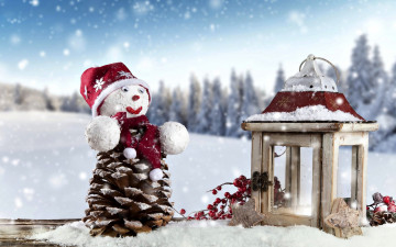 Картинка праздничные снеговики снег фонарь шишка