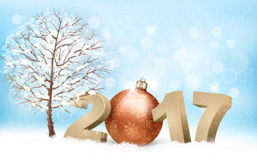 обоя праздничные, векторная графика , новый год, вектор, фон, снег, новый, год, дата, 2017, шарик, снежинки, голубой, дерево, снежное, ветки, игрушка, цифры, сияние, праздник, снегопад, зима, ёлочная