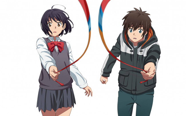 Обои картинки фото аниме, kimi no na wa, фон, взгляд, девушка, парень
