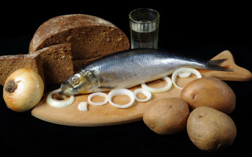 Картинка еда рыба +морепродукты +суши +роллы хлеб селёдка водка лук картофель закуска