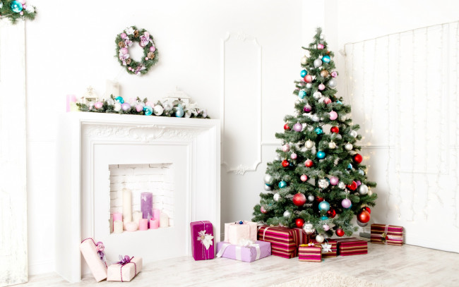 Обои картинки фото праздничные, - разное , новый год, камин, шары, новый, год, new, year, елка, елочка, елочные, игрушки, подарок, праздник, подарки