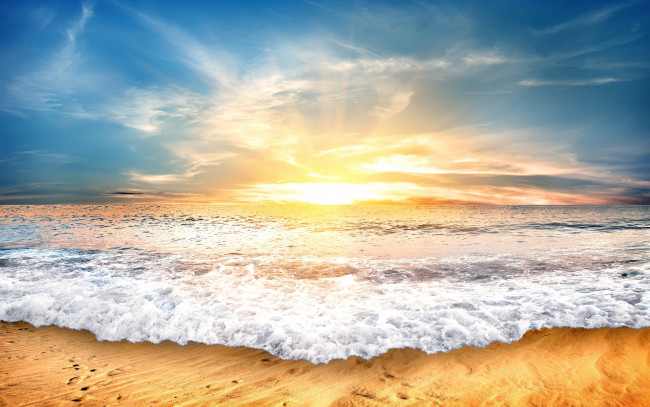 Обои картинки фото природа, восходы, закаты, закат, небо, seascape, sand, море, песок, sea, пляж, берег, beach, wave
