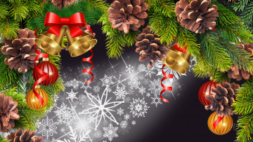 Картинка праздничные векторная+графика+ новый+год ветки снежинки колокольчики шишки шары