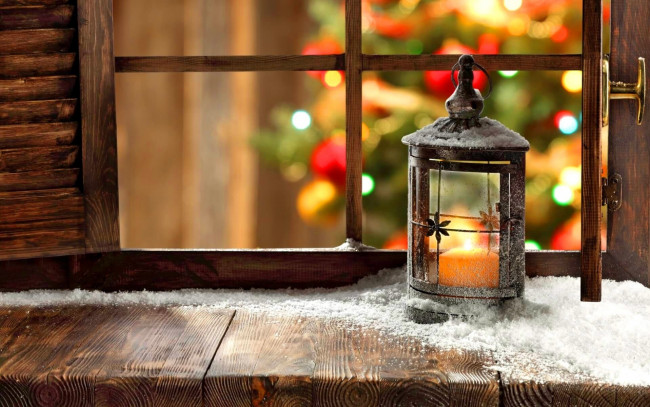 Обои картинки фото праздничные, - разное , новый год, фонарь, окно, подоконник, снег
