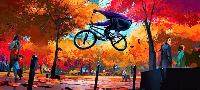 Обои картинки фото рисованное, люди, парк, осень, велосипедист