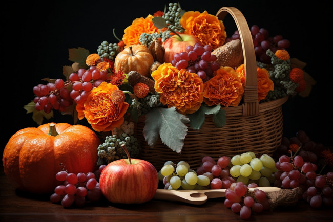 Обои картинки фото еда, фрукты и овощи вместе, корзина, виноград, яблоки, тыква, цветы