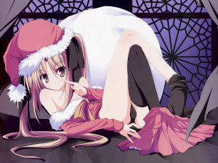Картинка аниме merry chrismas winter девушка новый год костюм окно бантик подарки