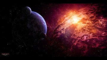 Картинка космос арт туманность звезды nebula астероиды спутники планета