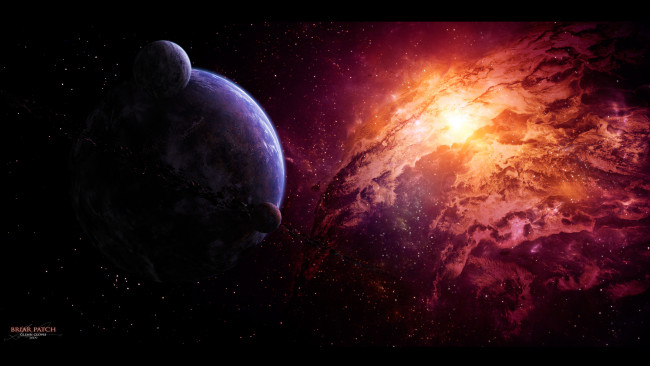 Обои картинки фото космос, арт, туманность, звезды, nebula, астероиды, спутники, планета