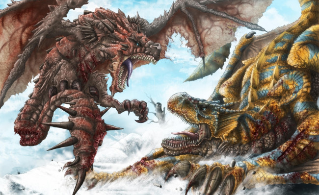Обои картинки фото фэнтези, драконы, битва, пасть, шипы, раны, кровь, снег