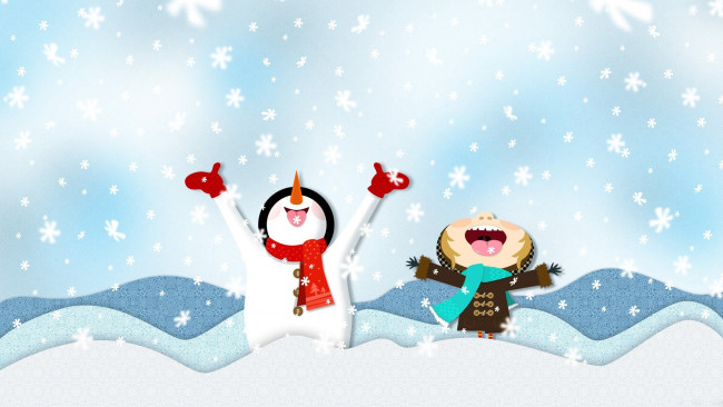 Обои картинки фото праздничные, векторная, графика, новый, год, девочка, снеговик, снег, снежинки, радость