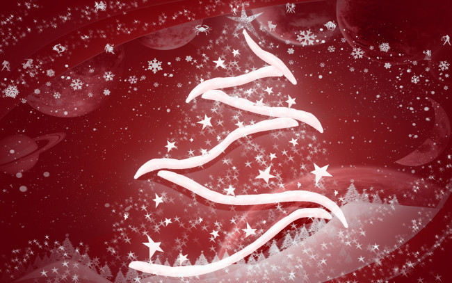 Обои картинки фото red, tree, праздничные, векторная, графика, новый, год, звезды, ёлка, снежинки