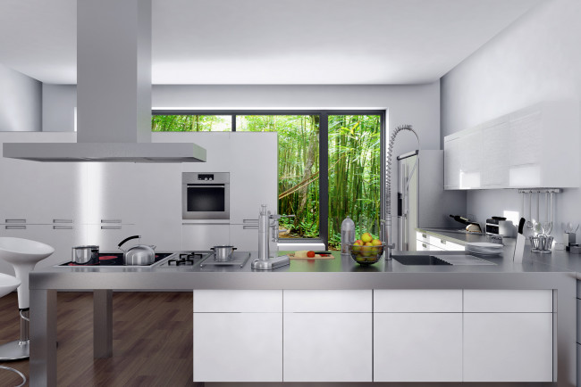 Обои картинки фото 3д графика, realism , реализм, стол, окно, фрукты, кухня, плита, чайник