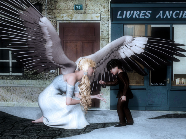 Обои картинки фото 3д графика, ангел , angel, взгляд, улица, девочка, ангел, фон, девушка