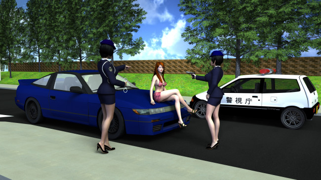 Обои картинки фото 3д графика, люди , people, улица, полиция, автомобиль, рыжая, взгляд, девушка