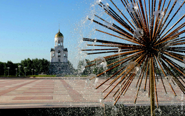 Обои картинки фото города, - фонтаны, россия, каменск-уральский, город, фонтан, площадь, часовня