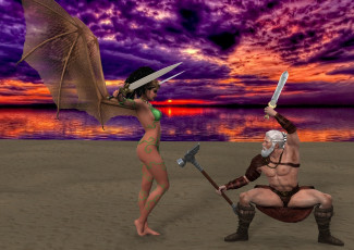 Картинка 3д+графика существа+ creatures девушка взгляд фон демон оружие мужчина