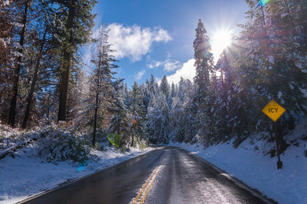 Картинка природа дороги снег шоссе лес