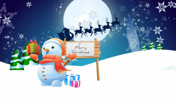 Картинка праздничные векторная+графика+ новый+год снеговик подарки снежинки луна олени