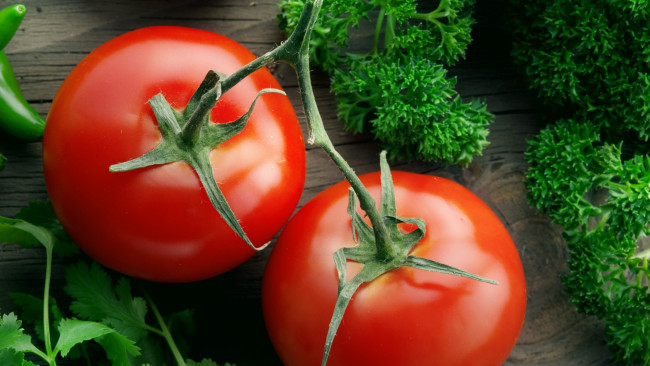 Обои картинки фото еда, помидоры, томаты, зелень