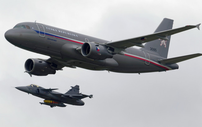 Обои картинки фото авиация, военно-транспортные самолёты, airbus, a319cj, полет, jas-39c, gripen