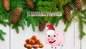 Картинка календари праздники +салюты свинья шапка поросенок шишка ветка мандарин