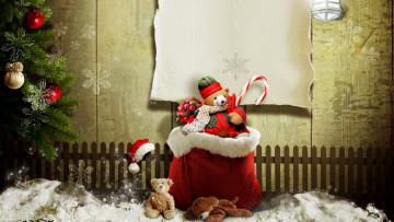 Картинка праздничные мягкие+игрушки игрушки мешок снег забор бумага ёлка