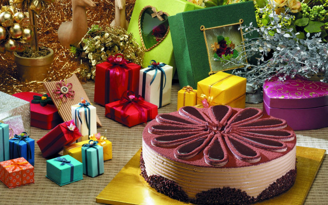 Обои картинки фото праздничные, - разное , новый год, шарики, подарки, торт