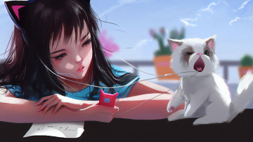 Картинка аниме животные +существа девушка котёнок