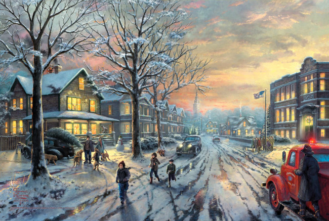 Обои картинки фото рисованное, thomas kinkade, люди, улица, снег, елка