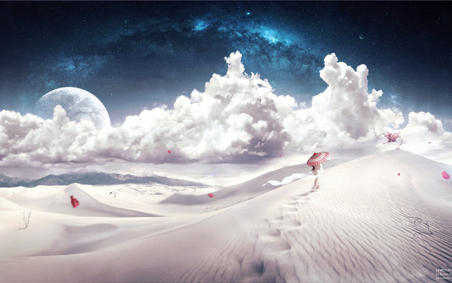 Обои картинки фото фэнтези, иные, миры, времена, девушка, песок, пустыня, зонт, облака