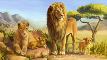 обоя рисованные, животные,  львы, кошки, хищники