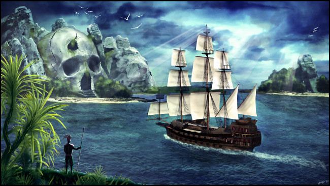 Обои картинки фото фэнтези, море, остров, абориген, парусник, корабль