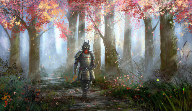 Обои картинки фото фэнтези, люди, лес, осень, доспехи, самурай, воин