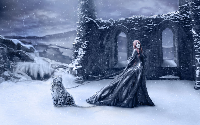 Обои картинки фото фэнтези, девушки, девушка, готика, руины, снег, зима, снежный, барс