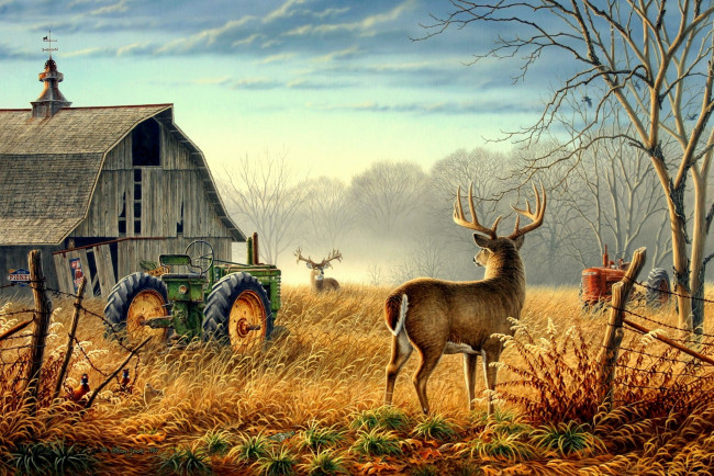 Обои картинки фото рисованные, животные, осень, олень, трактор