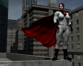 Картинка 3д+графика фантазия+ fantasy супермен накидка город дома фон взгляд девушка