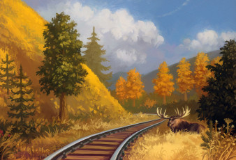 обоя рисованное, животные,  лоси, осень, лось, вершины, небо, деревья, хелезная, дорога