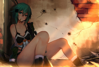 Картинка аниме sword+art+online пуля отверстия кирпич заколка девушка sola7764 стена винтовка оружие asada shino