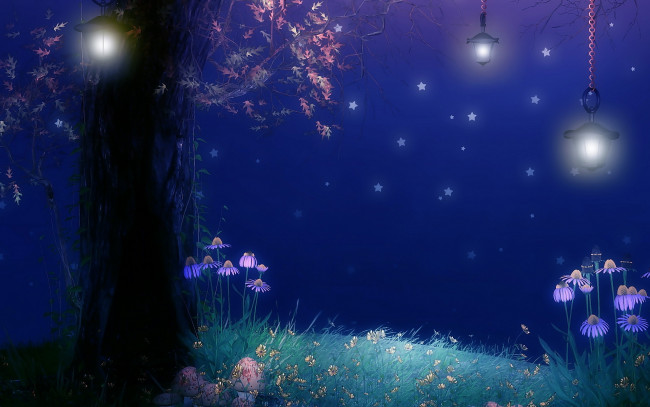 Обои картинки фото рисованное, природа, дерево, фонари, ночь, звезды, цветы