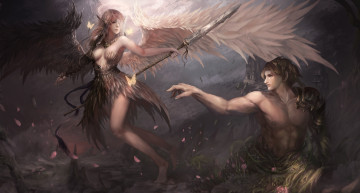 Картинка фэнтези ангелы крылья фон мужчина девушка