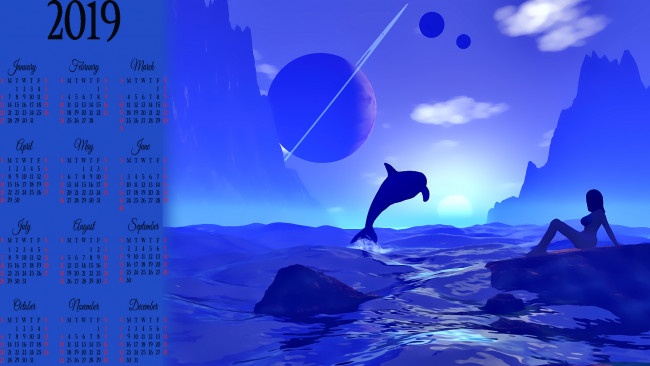 Обои картинки фото календари, 3д-графика, планета, водоем, девушка, дельфин