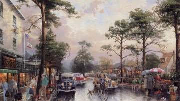 Картинка 2ocean avenue on rainy afternoon рисованные thomas kinkade street landscapes usa retro art painting cars