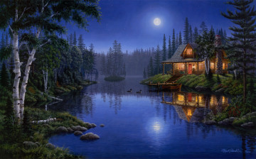 обоя moonlight, serenade, рисованные, mark, daehlin, lake, house, night, forest, painting, ducks