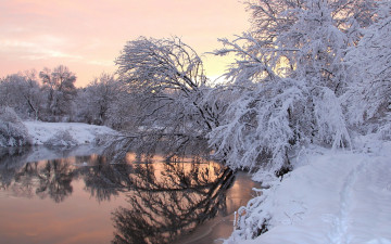 обоя природа, зима, снег, деревья, река