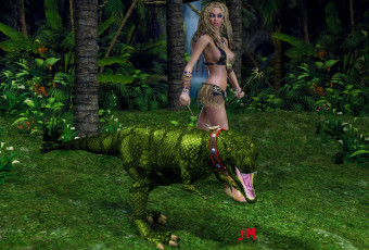 Картинка 3д графика fantasy фантазия девушка динозавр лес
