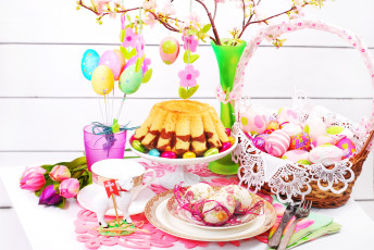 Картинка праздничные пасха яйца барашек цветы праздник кулич